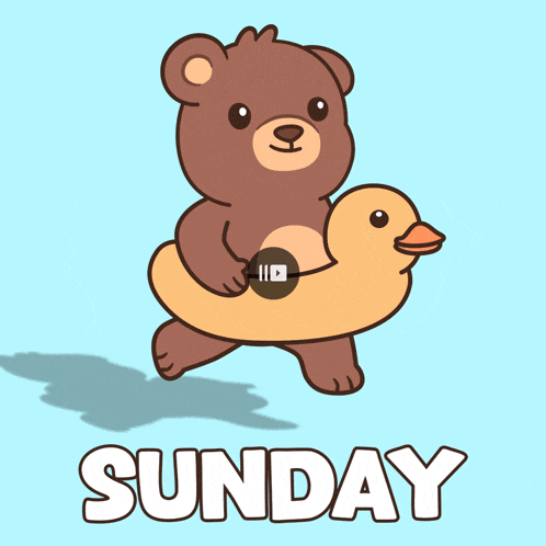 an illustration of a teddy bear carrying a rubber duck and the word sunday below it