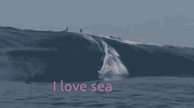 a large wave in the ocean with the words " i love sea " below it