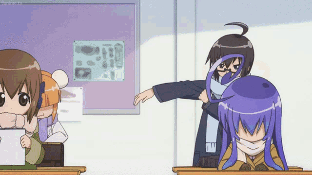 a man pointing at a girl with blue hair in front of a bulletin board
