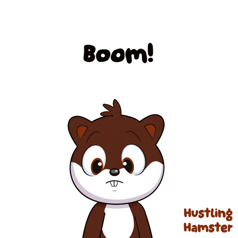 a cartoon of a hamster holding a microphone with the words boom on the bottom