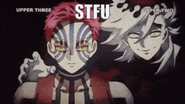 two anime characters are standing next to each other with stfu written on the bottom right