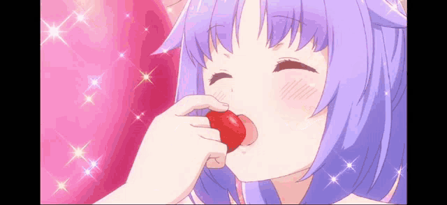a girl with purple hair is eating a red strawberry