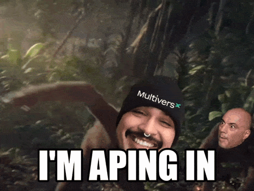 a man wearing a hat that says ' multiverse ' on it says i 'm aping in