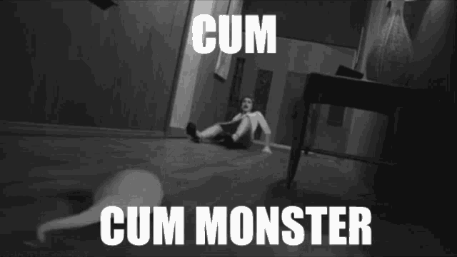 a black and white photo of a shark with the words cum cum monster written below it