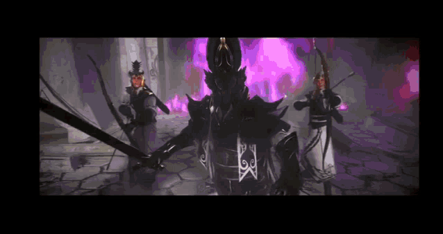 a group of warriors are standing next to each other holding swords and bows in a dark room .