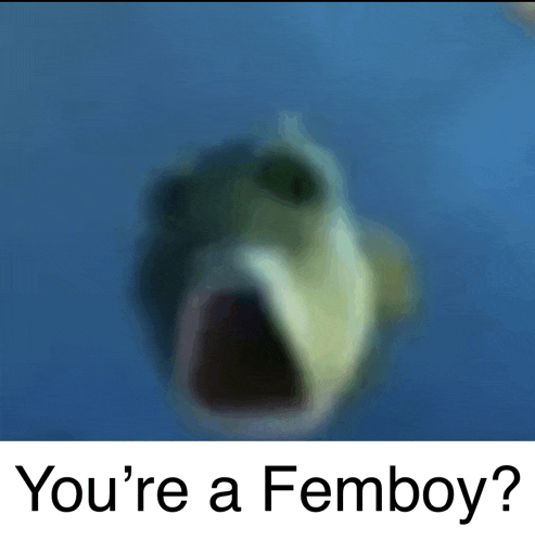 a picture of a frog with its mouth open and the words " you 're a femboy " below it