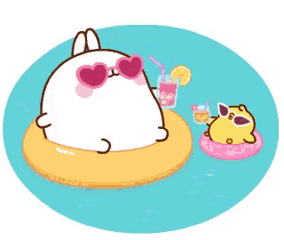 a cartoon rabbit wearing heart shaped sunglasses is sitting on a life preserver next to a yellow chick .