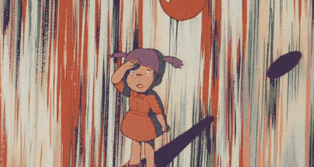 a girl with purple hair is standing in front of a curtain with a balloon in the background
