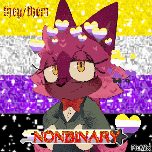 a pixel art drawing of a cat with the word nonbinary in red