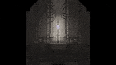 a person is standing in a dark room in a video game with a light coming from the ceiling .