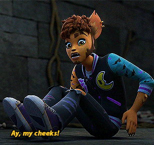a cartoon character says " ay my cheeks " while sitting on the floor