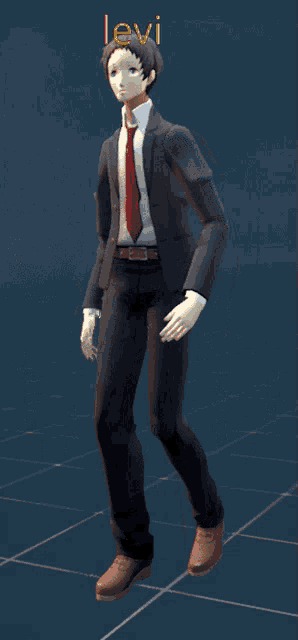 a 3d model of a man in a suit and tie with the name levi written above him