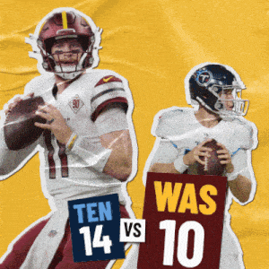 two football players are standing next to each other and one has a sign that says ten 14 vs 10