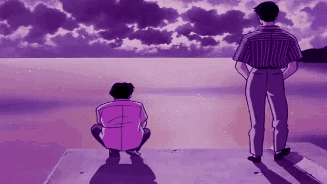 a couple of people looking out over a body of water with purple clouds