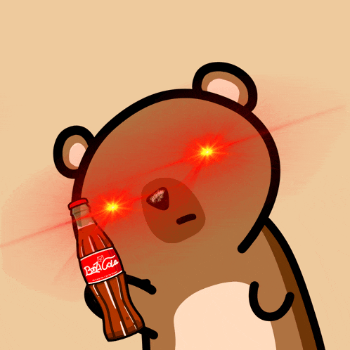 a cartoon bear is holding a bottle of coca cola