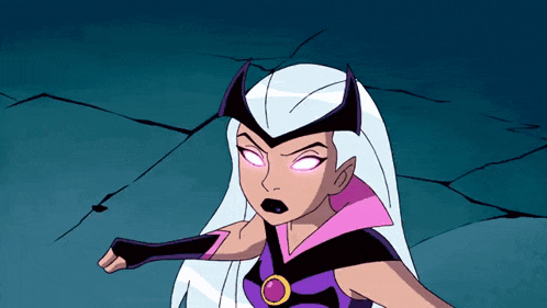 a cartoon character with white hair and purple eyes is wearing a purple and black outfit