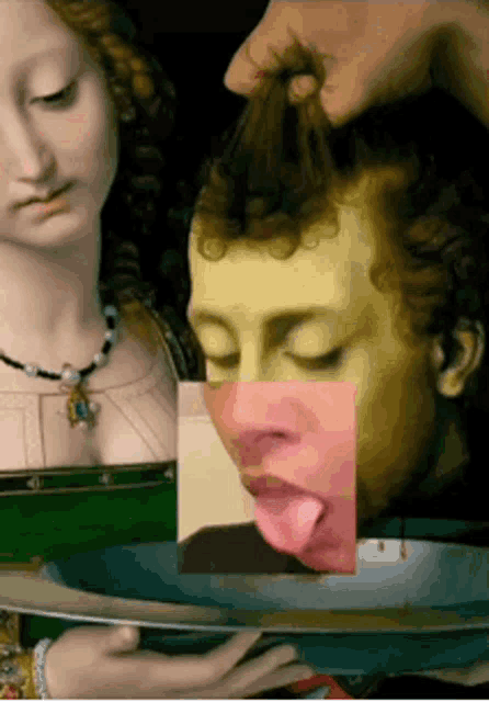 a painting of a woman with her eyes closed and a man with his tongue hanging out