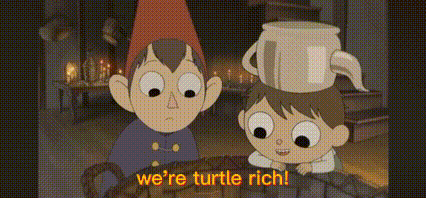 two cartoon characters from over the garden wall are talking to each other and one of them has a cup on his head .