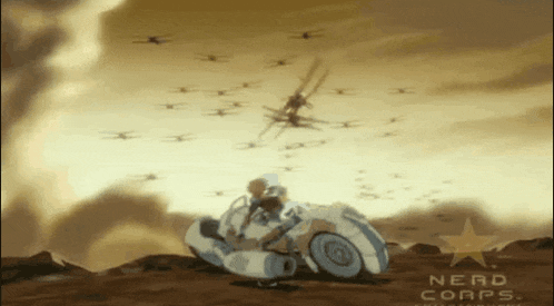 a nerd corps ad shows a man riding a motorcycle in the desert