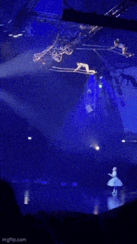 a ballerina is dancing on a stage in front of a crowd while a man is hanging from a crane .