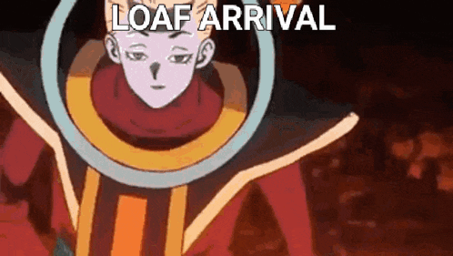 a cartoon character with a ring around his head and the words `` loaf arrival '' above him .