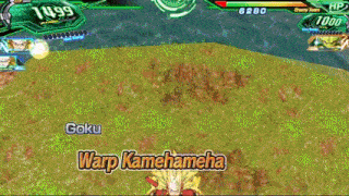 a video game with goku and warp kamehameha written on the screen