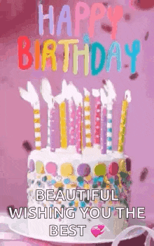 a happy birthday greeting card with a cake and candles on it .