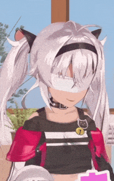 a girl with white hair and cat ears is wearing a black and white striped shirt
