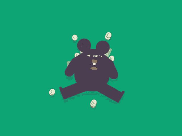 a cartoon bear is laying on the ground with money and coins