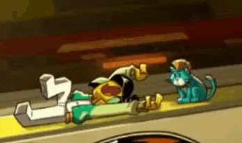 a cartoon character is laying on the ground with a cat standing next to him .