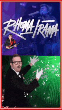 a poster for rhoma rama shows a man playing a guitar and a man playing an orchestra
