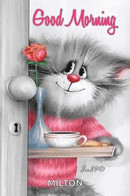 a cat is peeking out of a door with a cup of coffee and a rose in a vase .