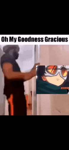 a man wearing a mask and sunglasses is opening a door next to a picture of a man wearing sunglasses .