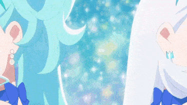 a close up of a cartoon character with blue hair and a white dress