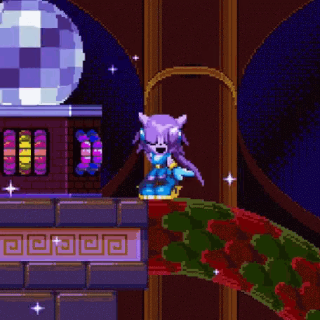 a pixel art of a purple cat standing next to a disco ball .