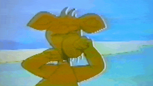 a cartoon character is standing on a beach with penguins flying in the background