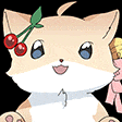 a cartoon cat with a cherry on its head is smiling .