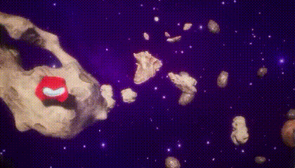 a red among us character is flying through the air in a space scene .
