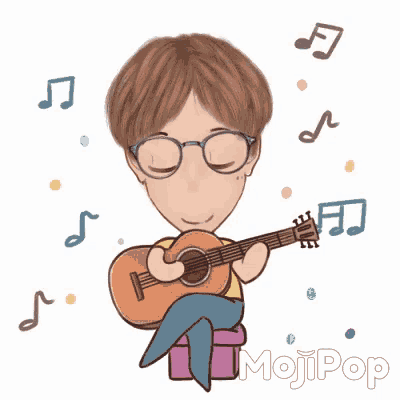a cartoon of a young man playing an acoustic guitar