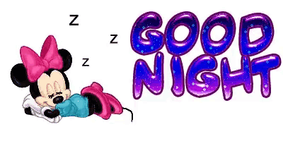 minnie mouse is sleeping next to the words `` good night ''