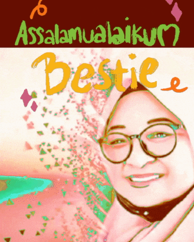 a picture of a woman wearing glasses and a hijab with the words assalamualaikum bestie above her
