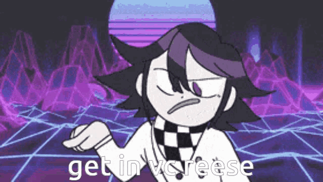 a cartoon character with purple hair is standing in front of a purple background and says get in cheese