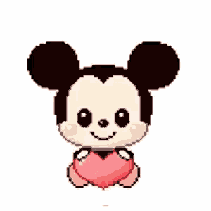 a pixel art drawing of mickey mouse holding a heart .