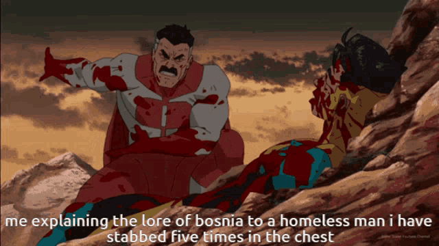 a cartoon of a man explaining the lore of bosnia to a homeless man who has stabbed five times in the chest