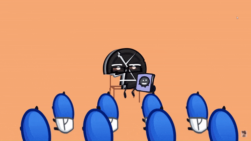 a group of cartoon characters are sitting around a table with a clock and scissors on it