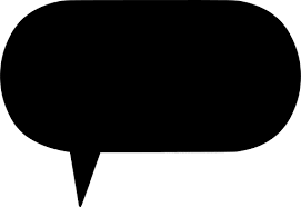 a black speech bubble with a pointed tip is on a white background .
