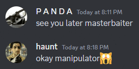 a screenshot of a conversation between panda and haunt at 8:11 pm