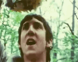 a close up of a man 's face with his mouth open in the woods .