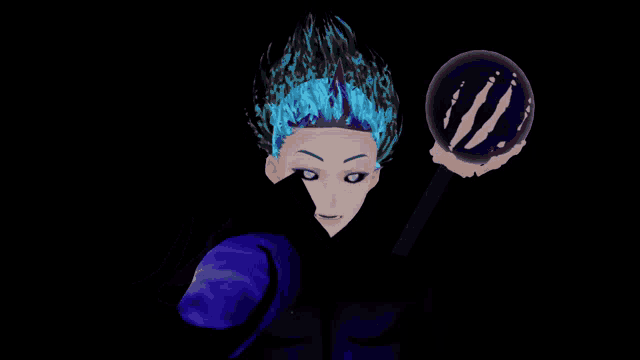 a cartoon character with blue hair holding a purple ball
