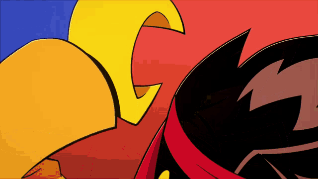 a close up of a cartoon character with a red cape on